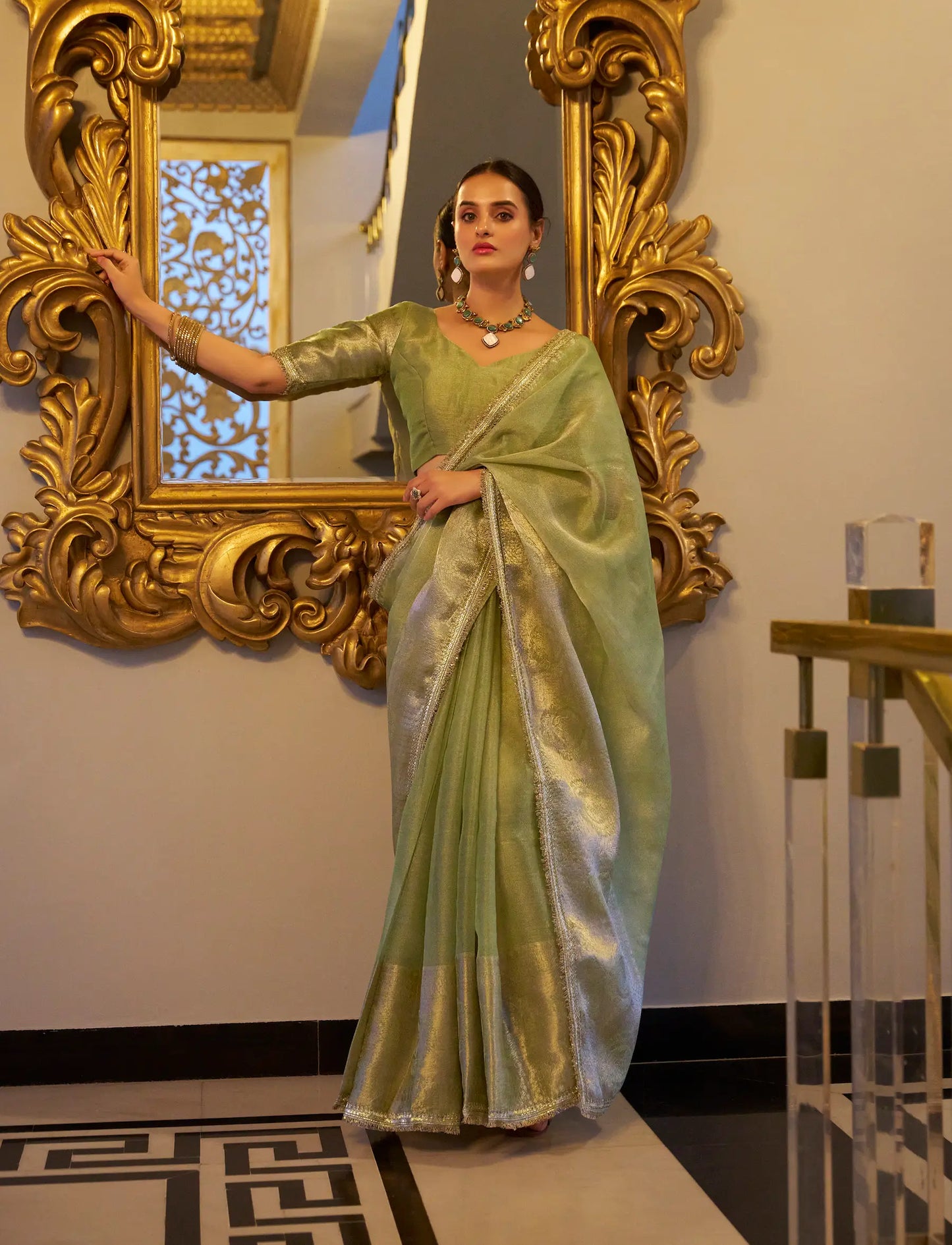 Pista Green Shimmer Tissue Saree With Zari Weaving Work & Sequins Lace Border