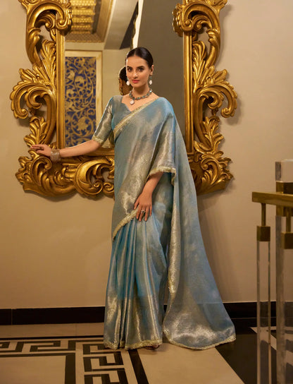 Sea Blue Shimmer Tissue Saree With Zari Weaving Work & Sequins Lace Border