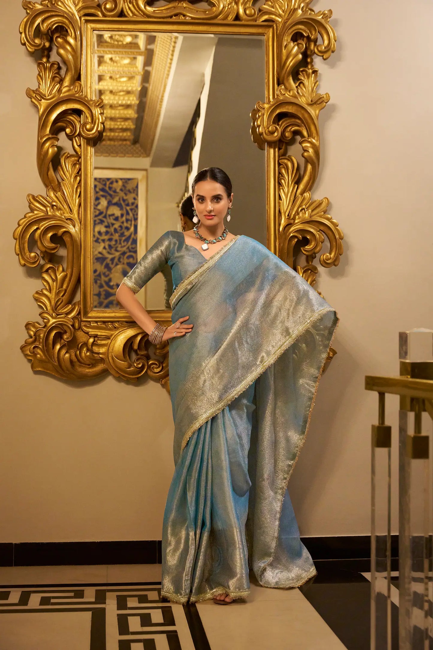 Sea Blue Shimmer Tissue Saree With Zari Weaving Work & Sequins Lace Border