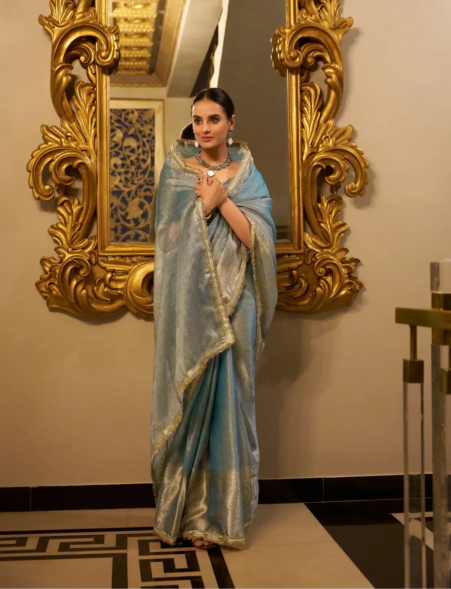 Sea Blue Shimmer Tissue Saree With Zari Weaving Work & Sequins Lace Border