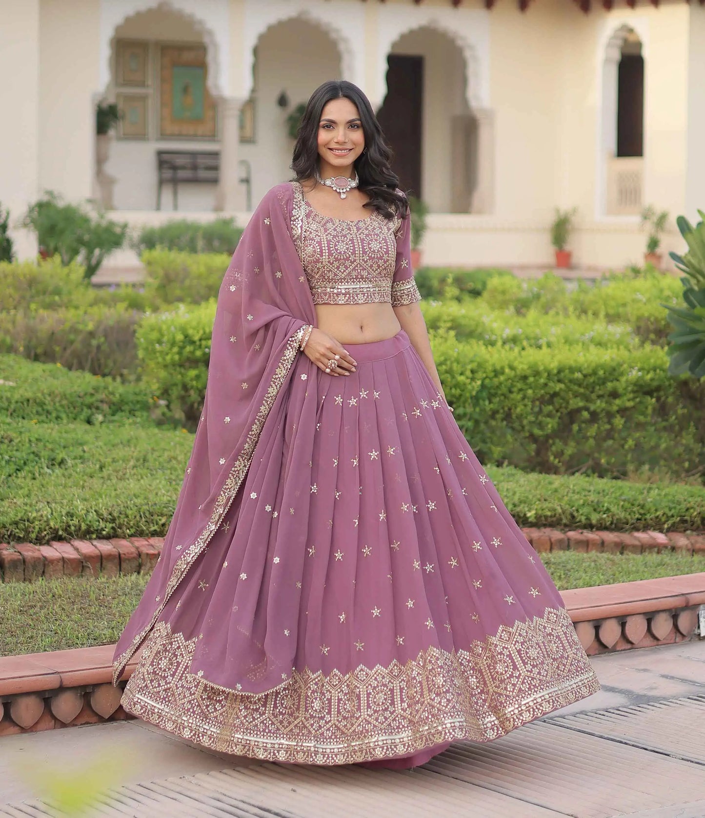 Onion Zari Sequins Embroidery Work Lehenga Choli