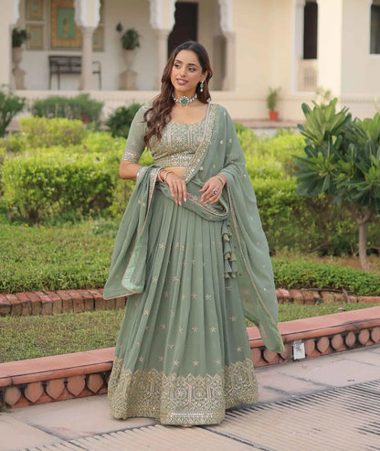 Pista Zari Sequins Embroidery Work Lehenga Choli