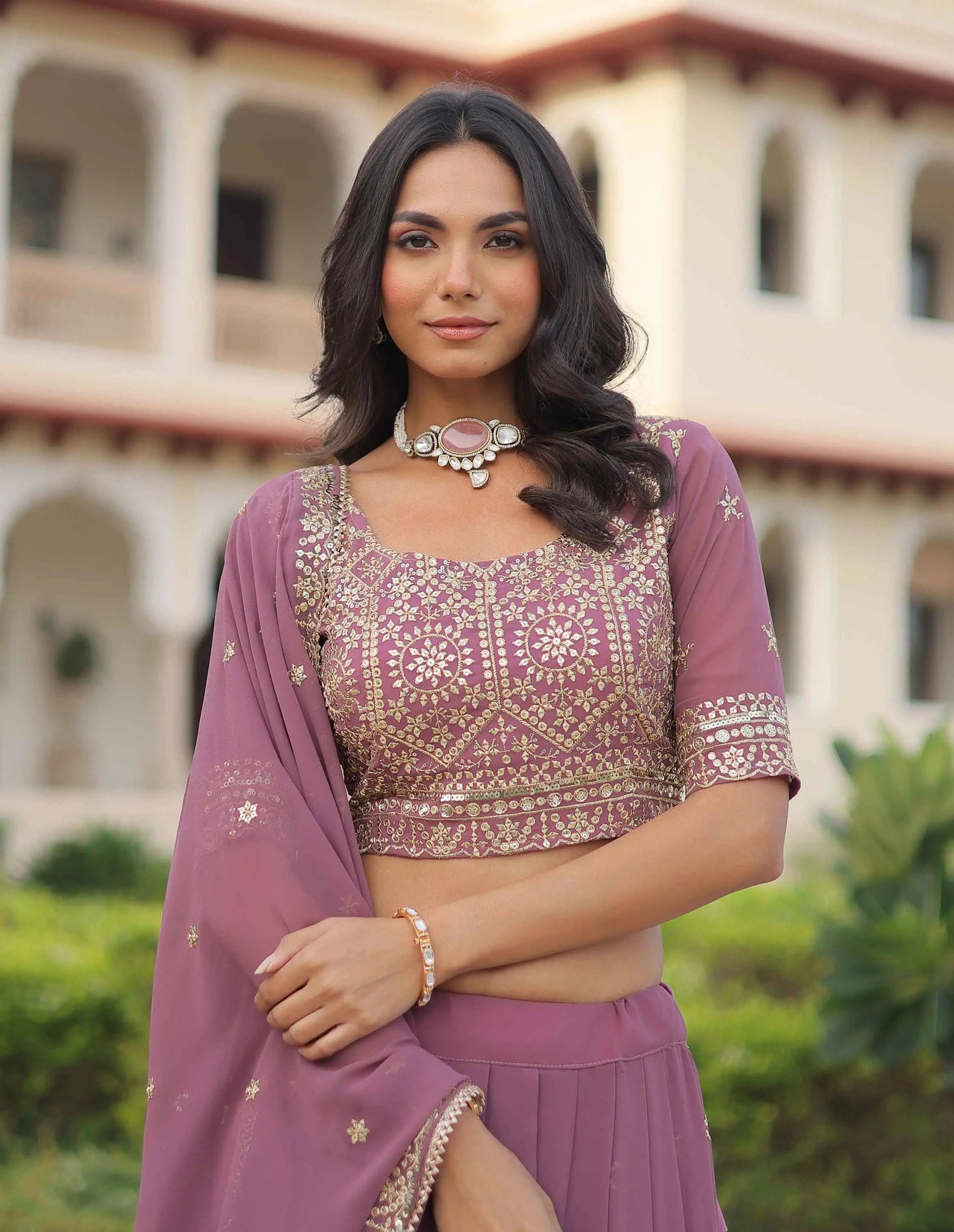 Onion Zari Sequins Embroidery Work Lehenga Choli