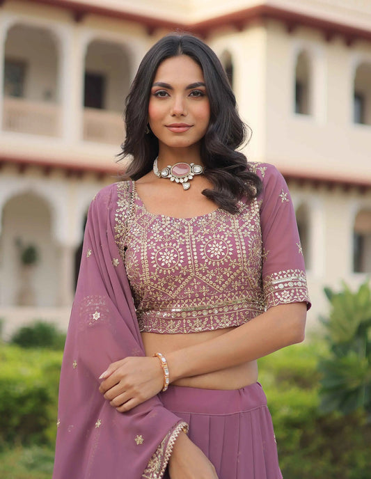 Onion Zari Sequins Embroidery Work Lehenga Choli