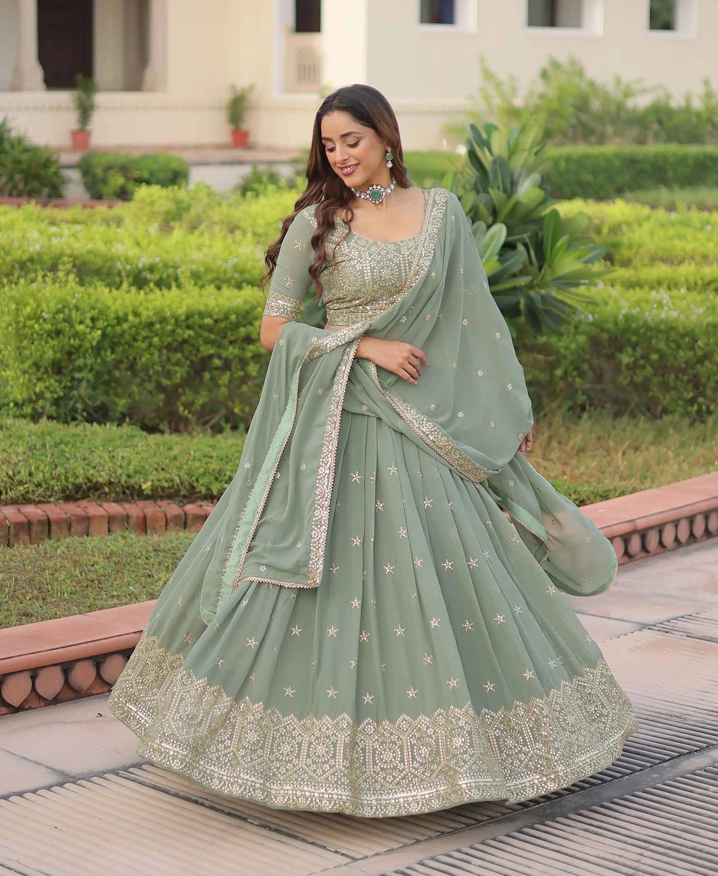 Pista Zari Sequins Embroidery Work Lehenga Choli