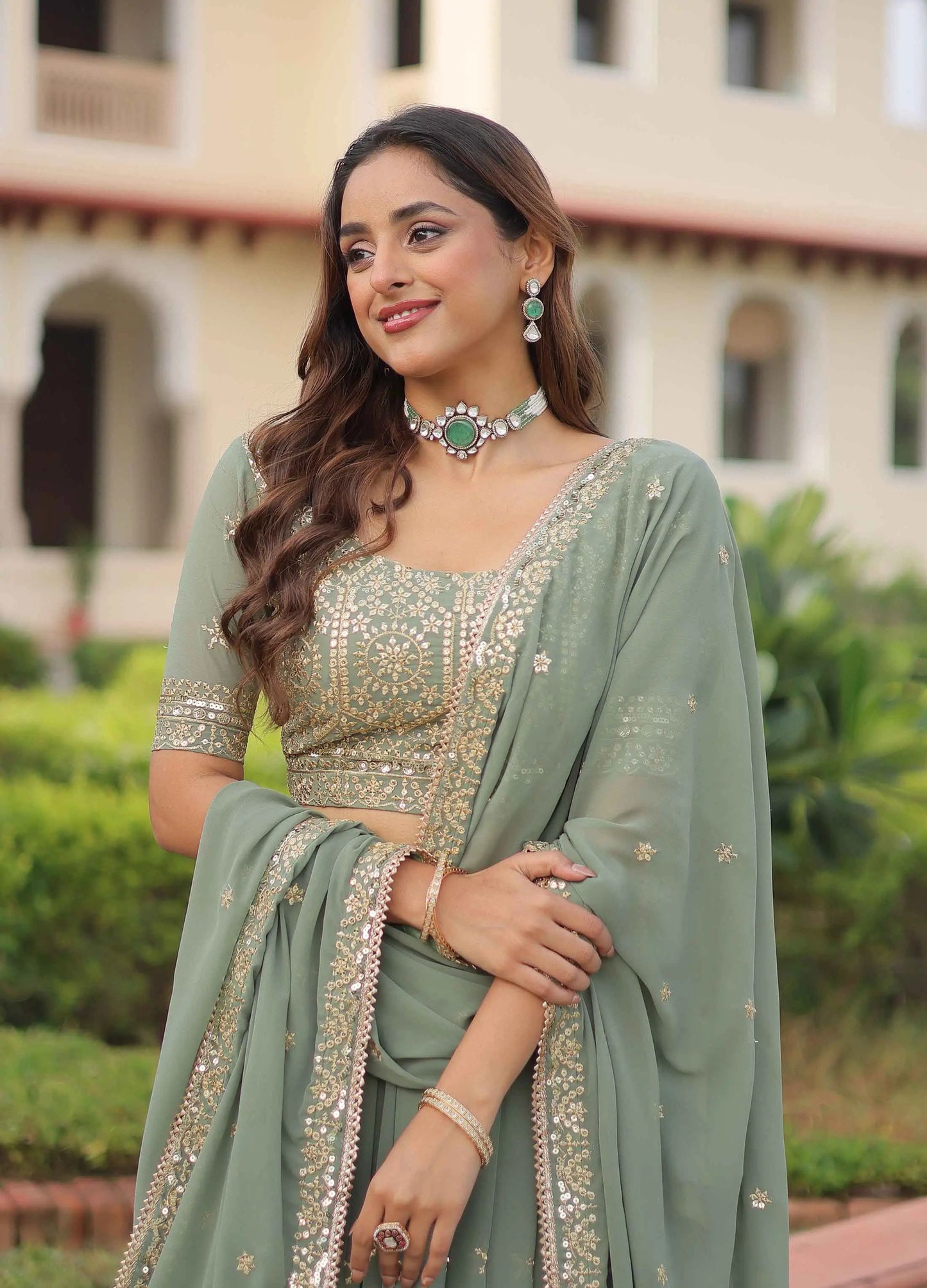 Pista Zari Sequins Embroidery Work Lehenga Choli