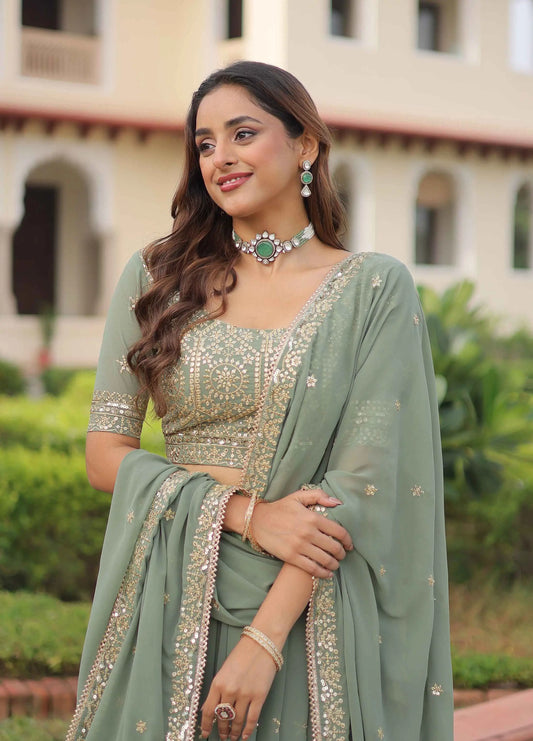 Pista Zari Sequins Embroidery Work Lehenga Choli