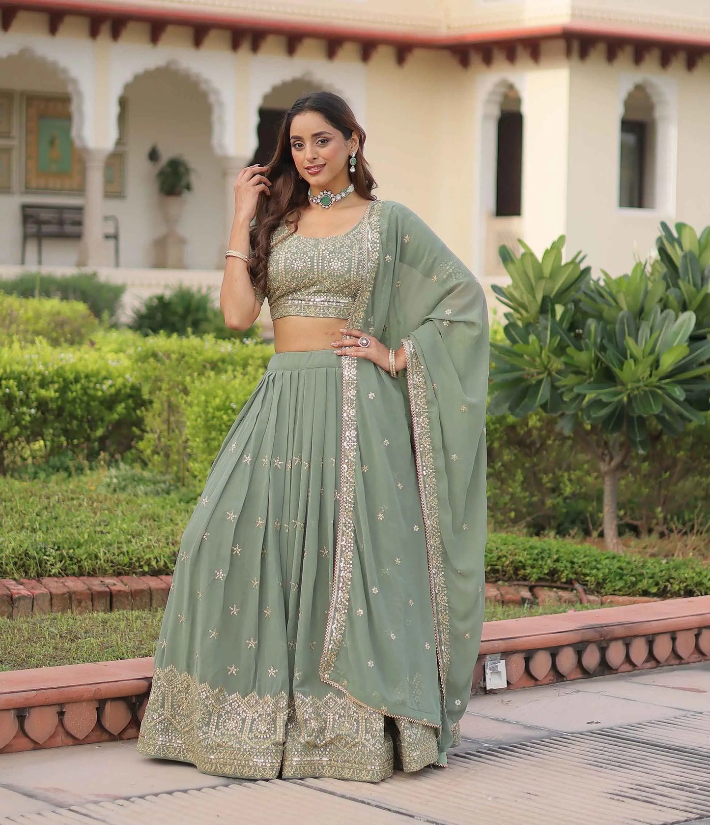 Pista Zari Sequins Embroidery Work Lehenga Choli