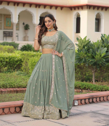Pista Zari Sequins Embroidery Work Lehenga Choli