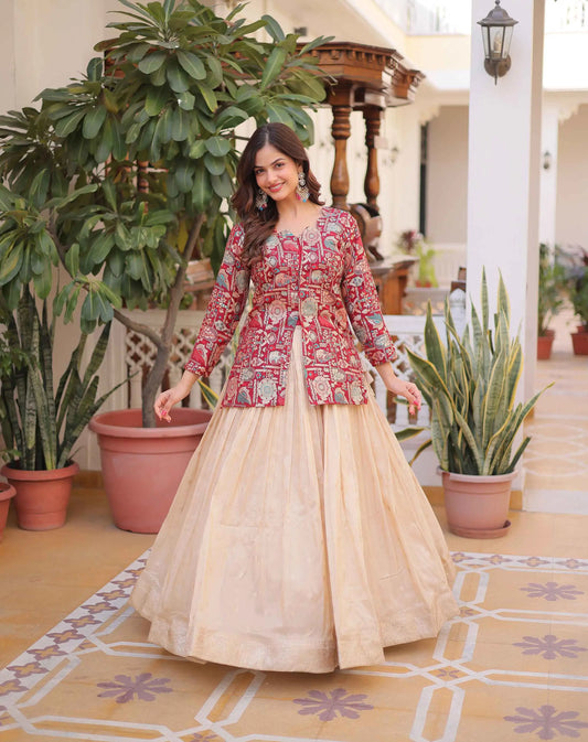 Maroon Jacquard Lehenga With Long Blouse