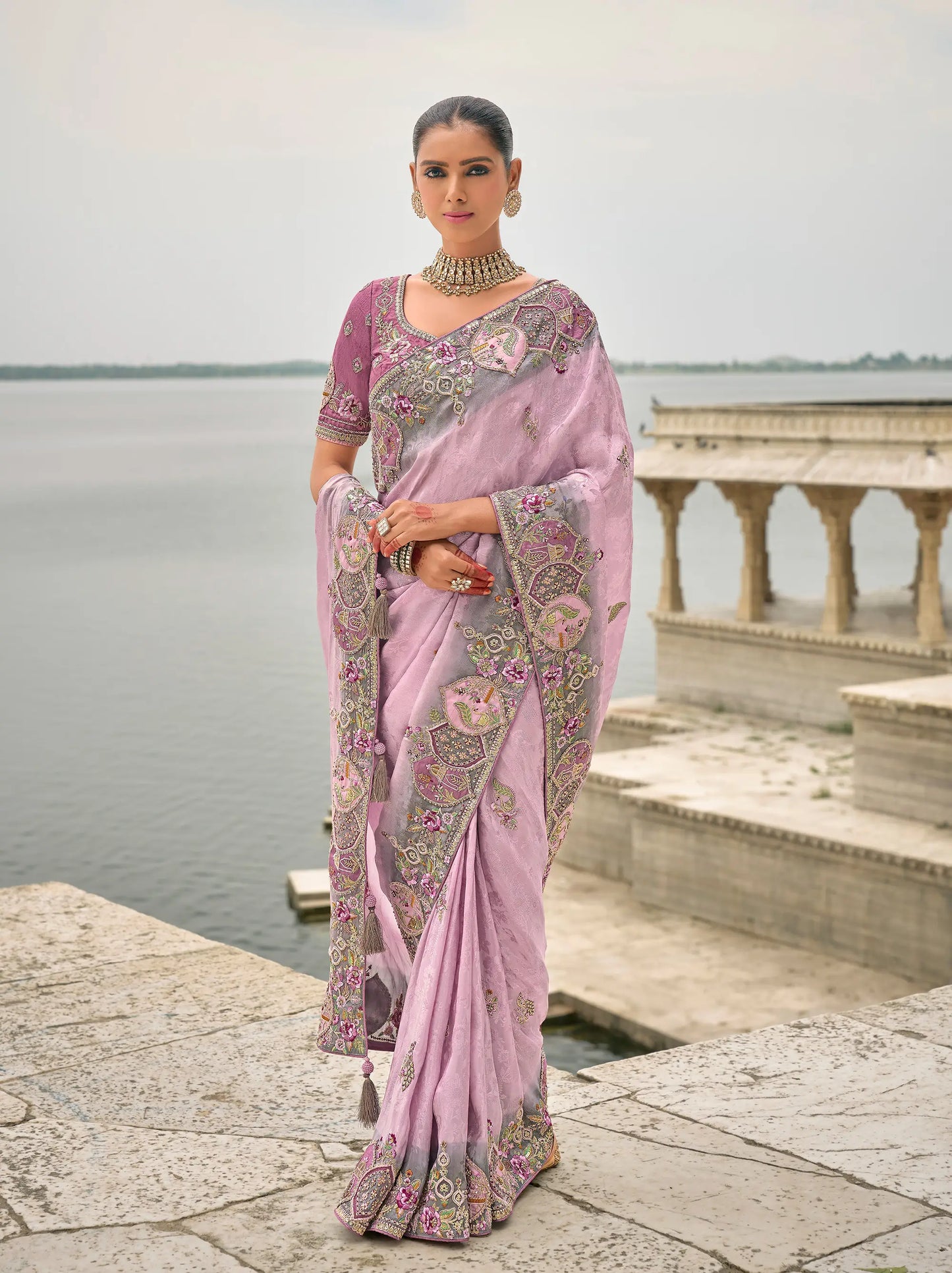 Lavender Viscose Jacquard Saree With Embroidery, Pearls, Khatli, Zari Weaving Work