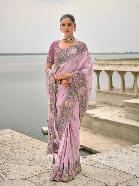 Lavender Viscose Jacquard Saree With Embroidery, Pearls, Khatli, Zari Weaving Work