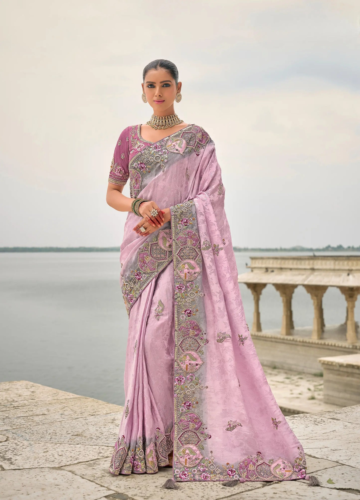 Lavender Viscose Jacquard Saree With Embroidery, Pearls, Khatli, Zari Weaving Work