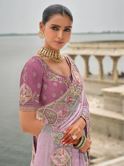Lavender Viscose Jacquard Saree With Embroidery, Pearls, Khatli, Zari Weaving Work