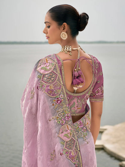 Lavender Viscose Jacquard Saree With Embroidery, Pearls, Khatli, Zari Weaving Work