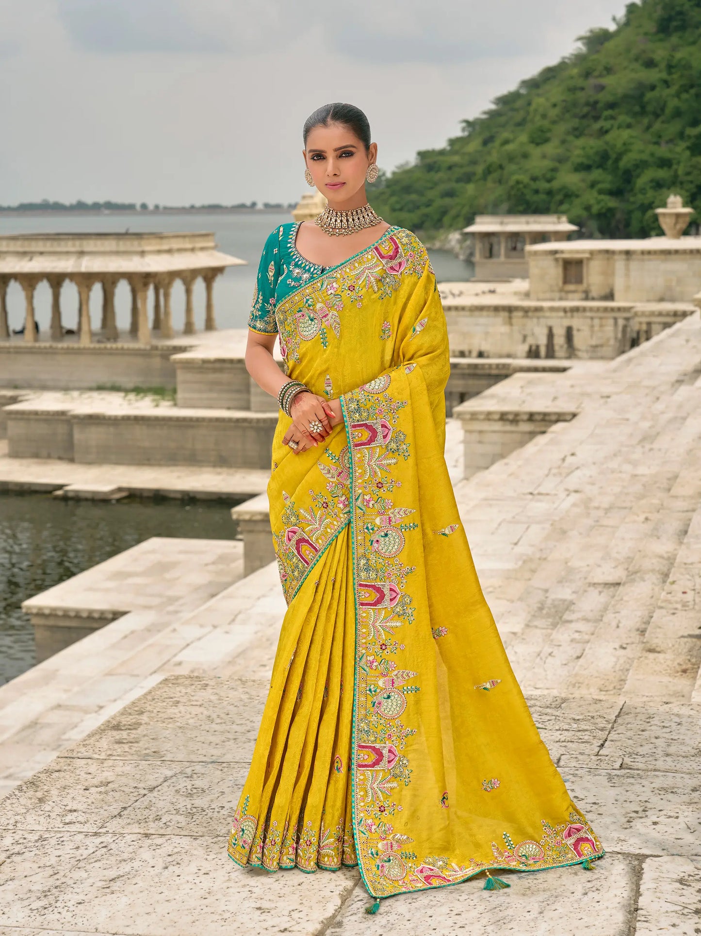 Yellow Viscose Jacquard Saree With Embroidery Pearls Khatli Zari Weaving Work