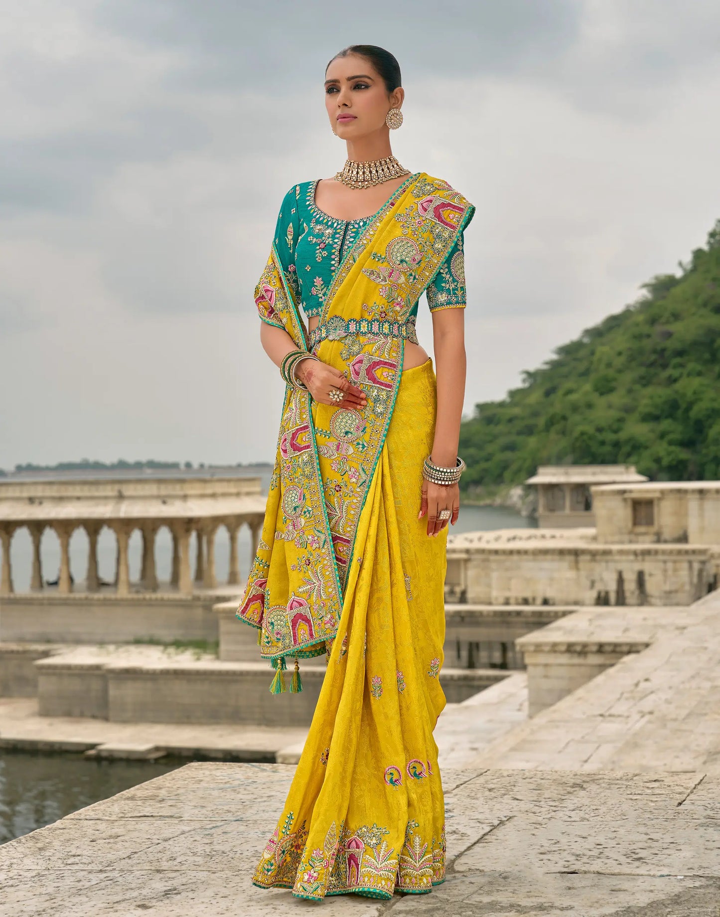 Yellow Viscose Jacquard Saree With Embroidery Pearls Khatli Zari Weaving Work