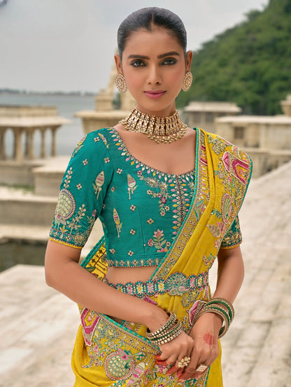 Yellow Viscose Jacquard Saree With Embroidery Pearls Khatli Zari Weaving Work