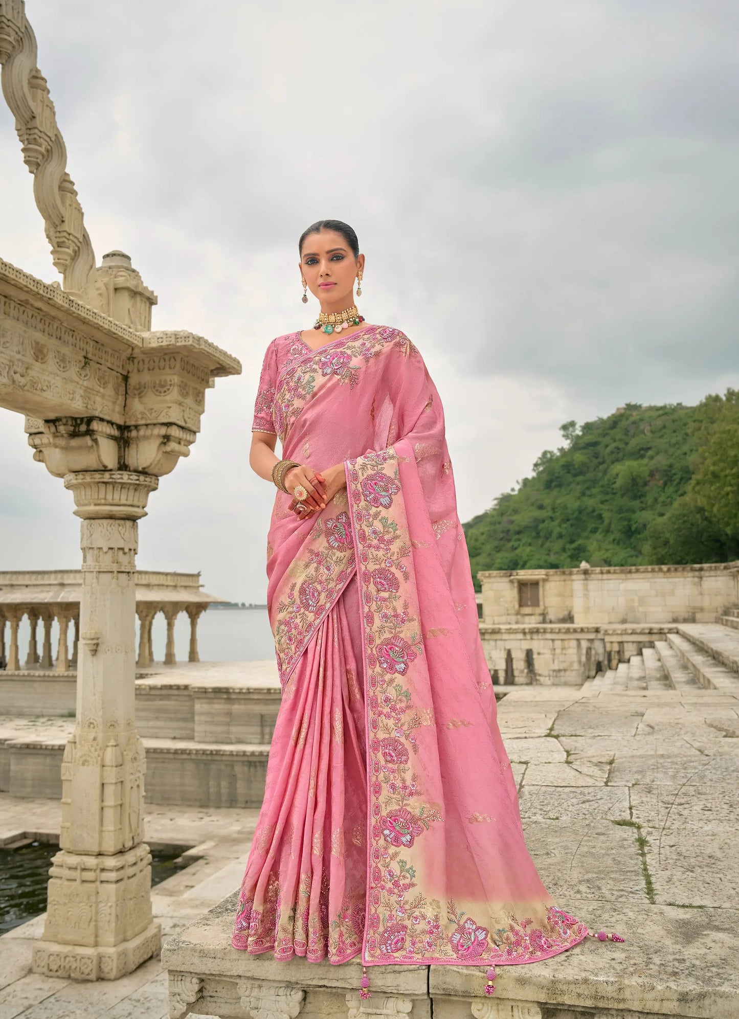 Rose pink Viscose Jacquard Saree With Embroidery, Pearls, Khatli, Zari Weaving Work
