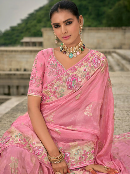 Rose pink Viscose Jacquard Saree With Embroidery, Pearls, Khatli, Zari Weaving Work