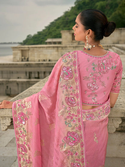 Rose pink Viscose Jacquard Saree With Embroidery, Pearls, Khatli, Zari Weaving Work