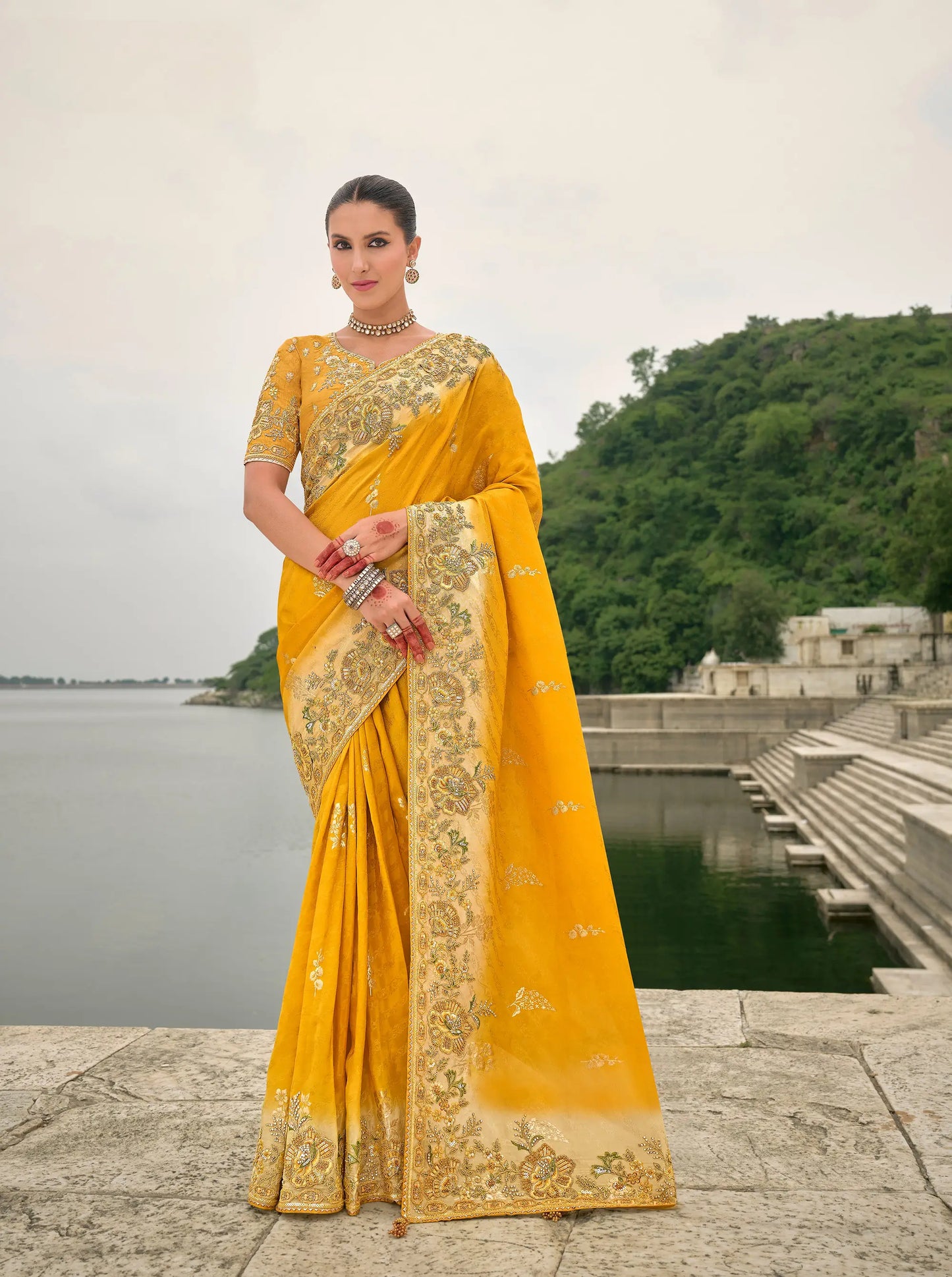 Yellow Viscose Jacquard Saree With Embroidery, Pearls, Khatli, Zari Weaving Work