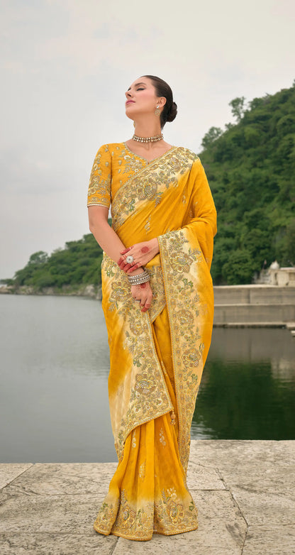 Yellow Viscose Jacquard Saree With Embroidery, Pearls, Khatli, Zari Weaving Work