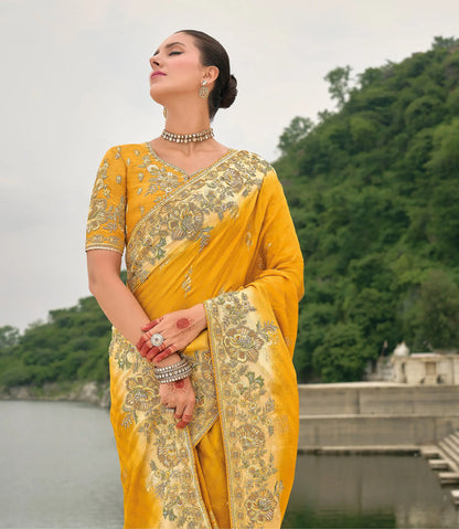 Yellow Viscose Jacquard Saree With Embroidery, Pearls, Khatli, Zari Weaving Work