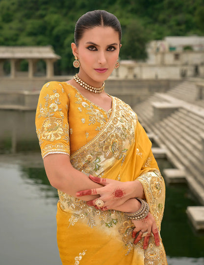 Yellow Viscose Jacquard Saree With Embroidery, Pearls, Khatli, Zari Weaving Work