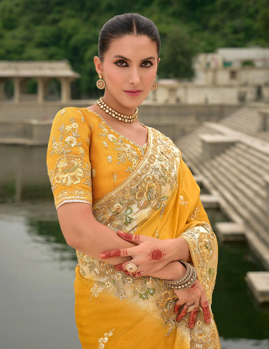 Yellow Viscose Jacquard Saree With Embroidery, Pearls, Khatli, Zari Weaving Work