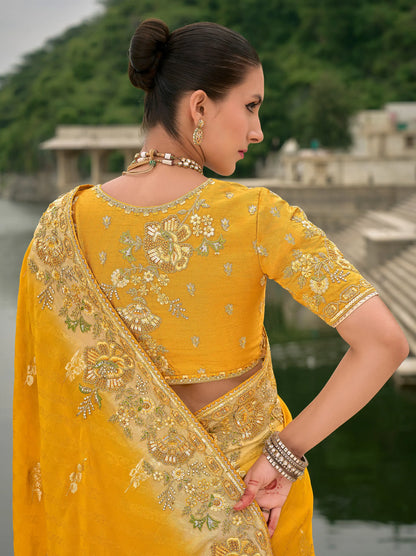 Yellow Viscose Jacquard Saree With Embroidery, Pearls, Khatli, Zari Weaving Work