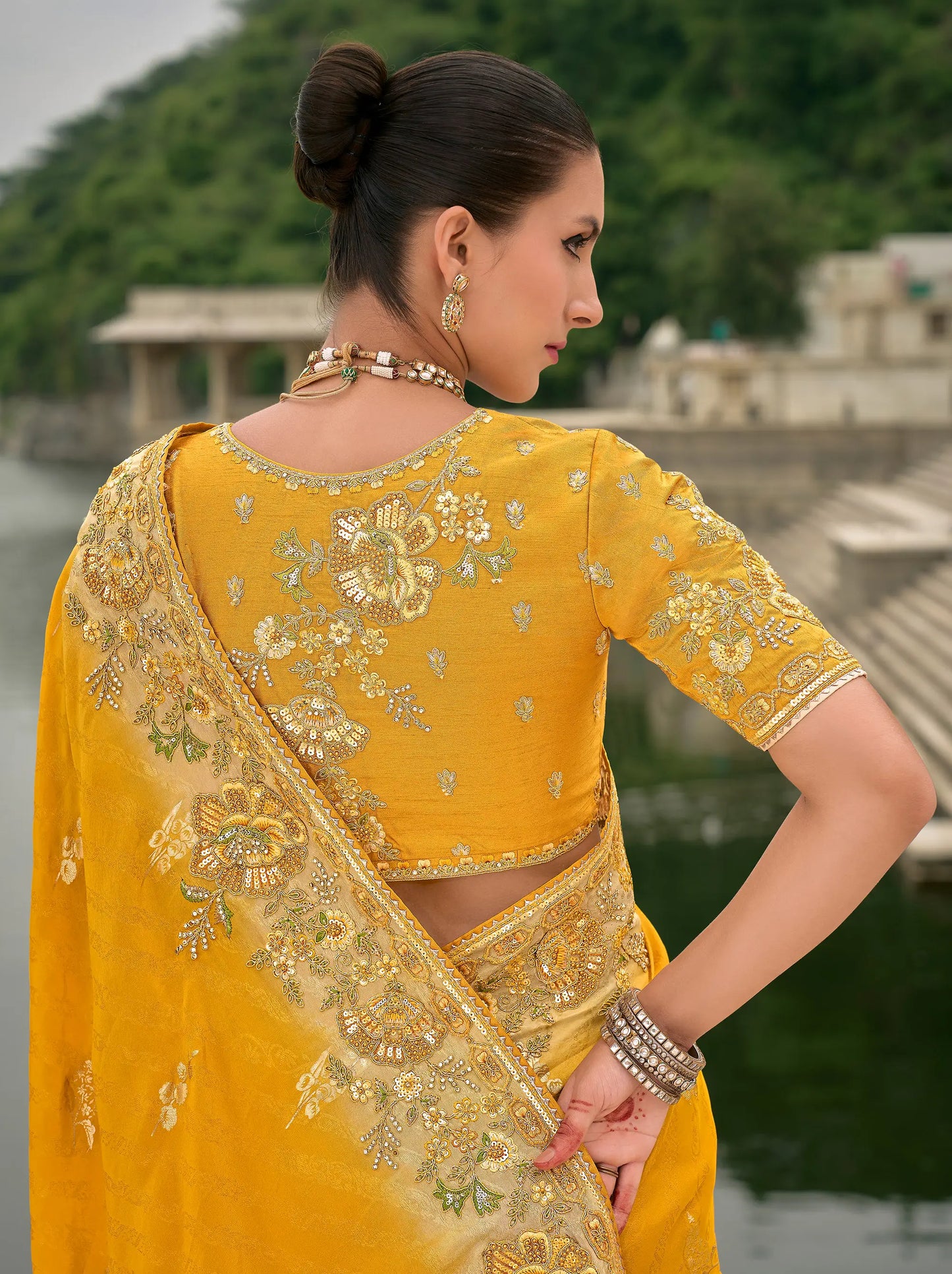 Yellow Viscose Jacquard Saree With Embroidery, Pearls, Khatli, Zari Weaving Work