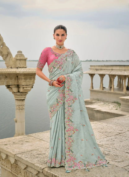 Sky Blue Viscose Jacquard Saree With Embroidery Pearls Khatli Zari Weaving Work