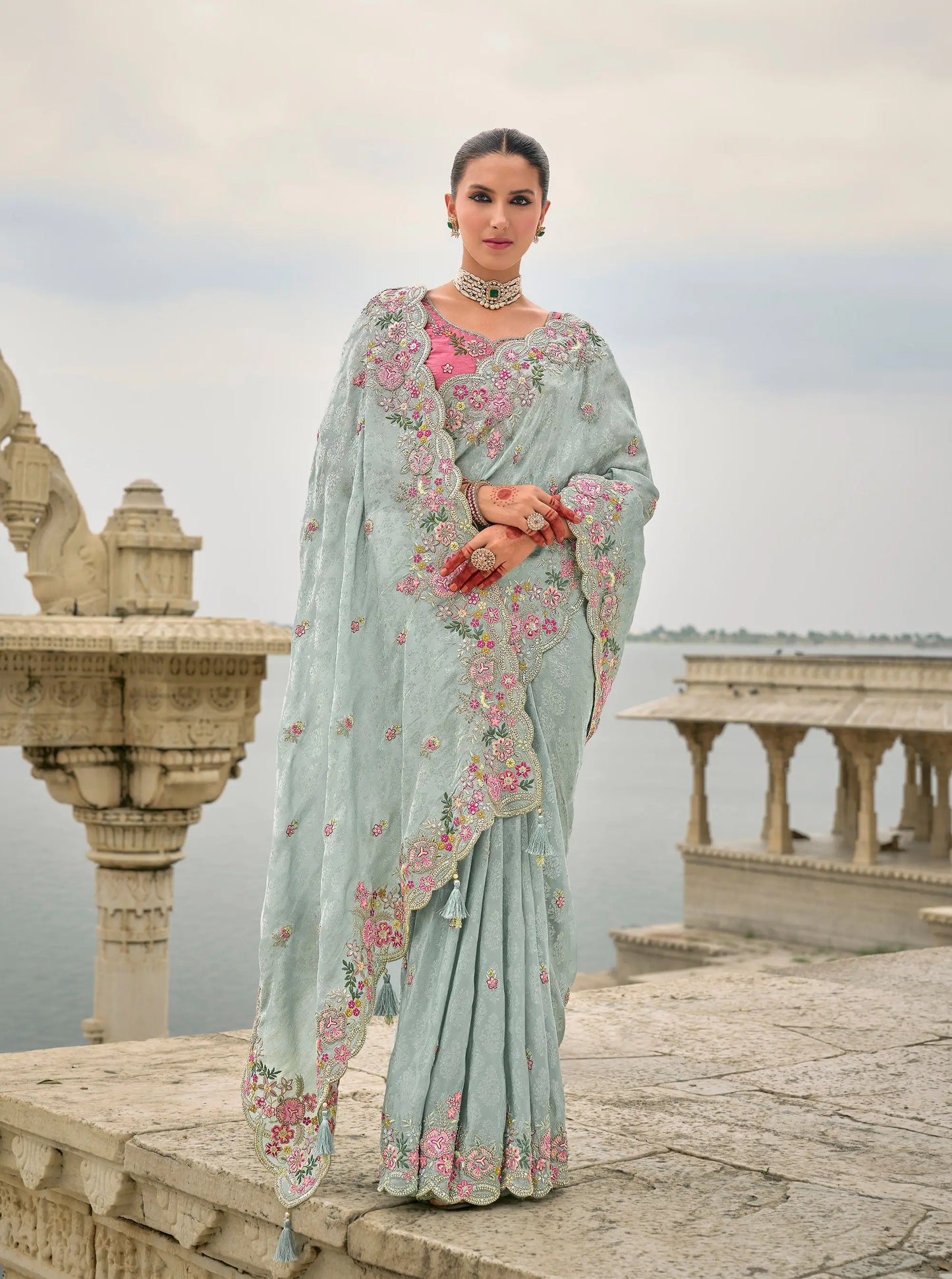 Sky Blue Viscose Jacquard Saree With Embroidery Pearls Khatli Zari Weaving Work