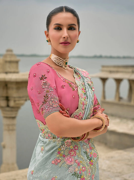 Sky Blue Viscose Jacquard Saree With Embroidery Pearls Khatli Zari Weaving Work