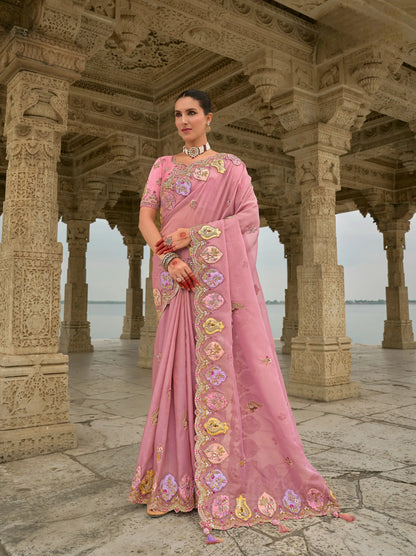 Old Pink Viscose Jacquard Saree With Embroidery Pearls Khatli Zari Weaving Work
