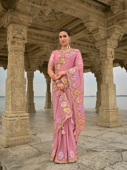 Old Pink Viscose Jacquard Saree With Embroidery Pearls Khatli Zari Weaving Work