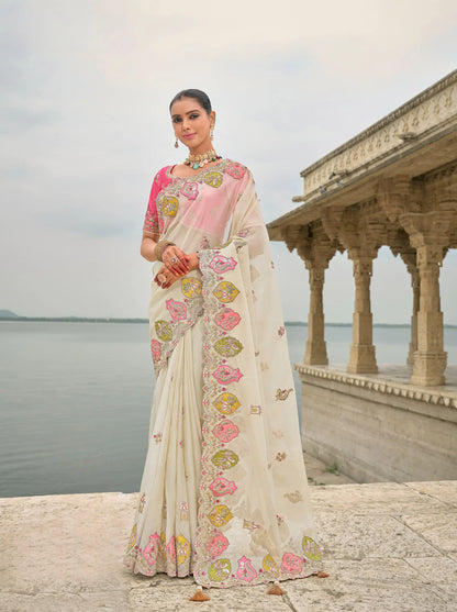 Pastel Gray Viscose Jacquard Saree With Embroidery, Pearls, Khatli, Zari Weaving Work