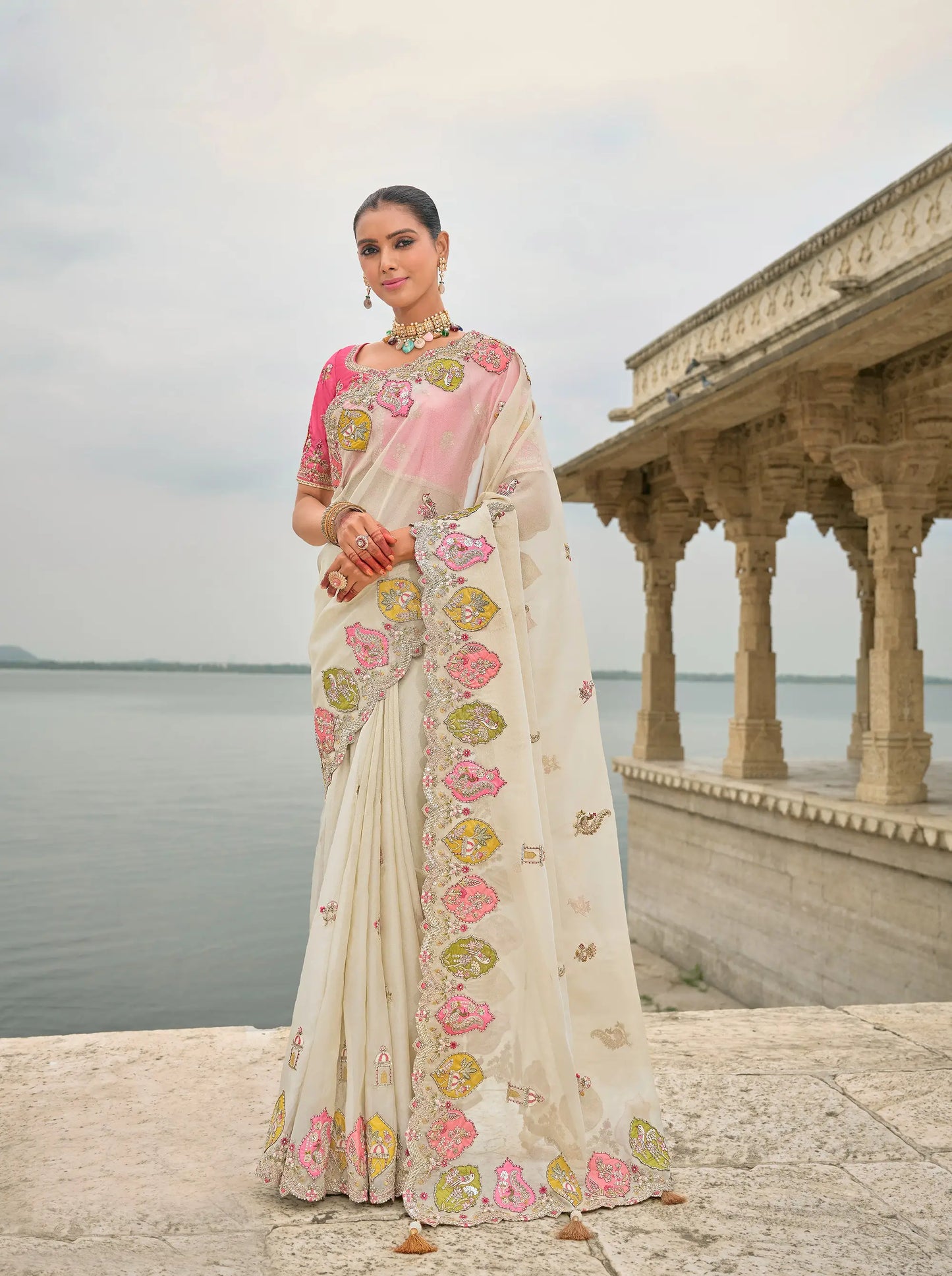 Pastel Gray Viscose Jacquard Saree With Embroidery, Pearls, Khatli, Zari Weaving Work