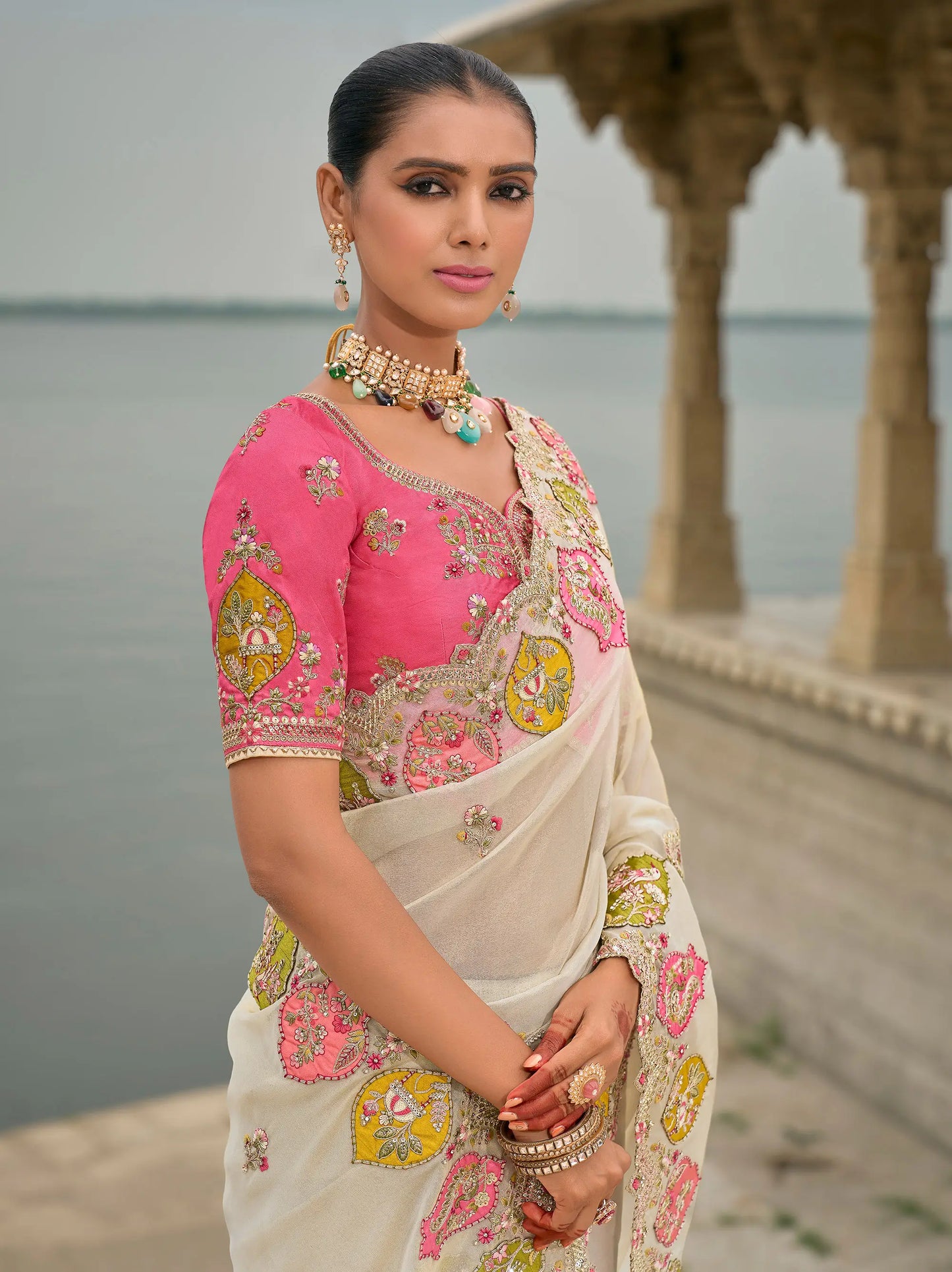 Pastel Gray Viscose Jacquard Saree With Embroidery, Pearls, Khatli, Zari Weaving Work