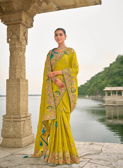 Yellow Gold Viscose Jacquard Saree With Embroidery Pearls Khatli Zari Weaving Work