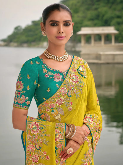 Yellow Gold Viscose Jacquard Saree With Embroidery Pearls Khatli Zari Weaving Work