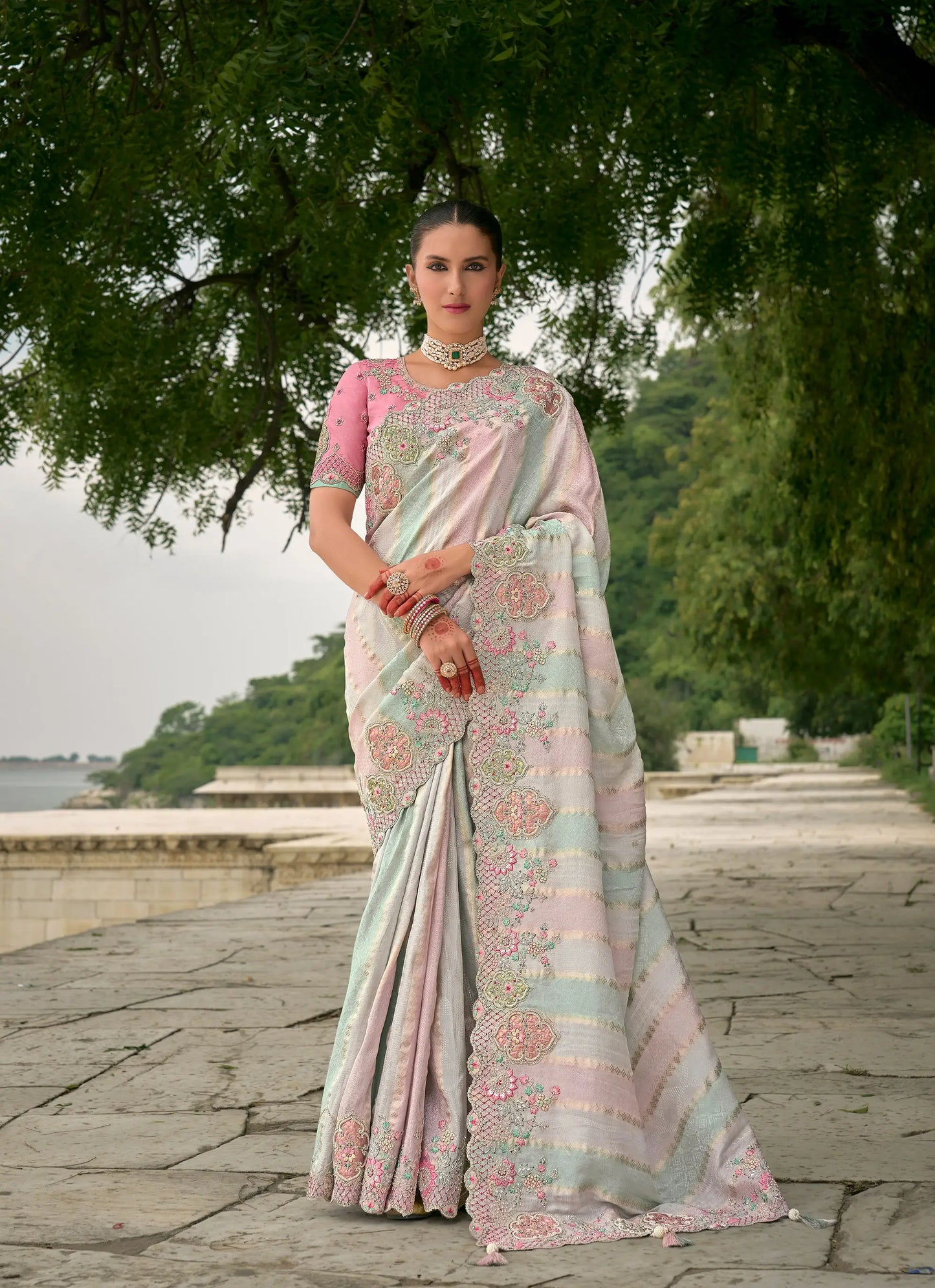 Sky Blue Pink Viscose Jacquard Saree With Embroidery Pearls Khatli Zari Weaving Work