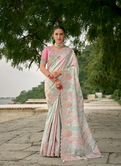 Sky Blue Pink Viscose Jacquard Saree With Embroidery Pearls Khatli Zari Weaving Work
