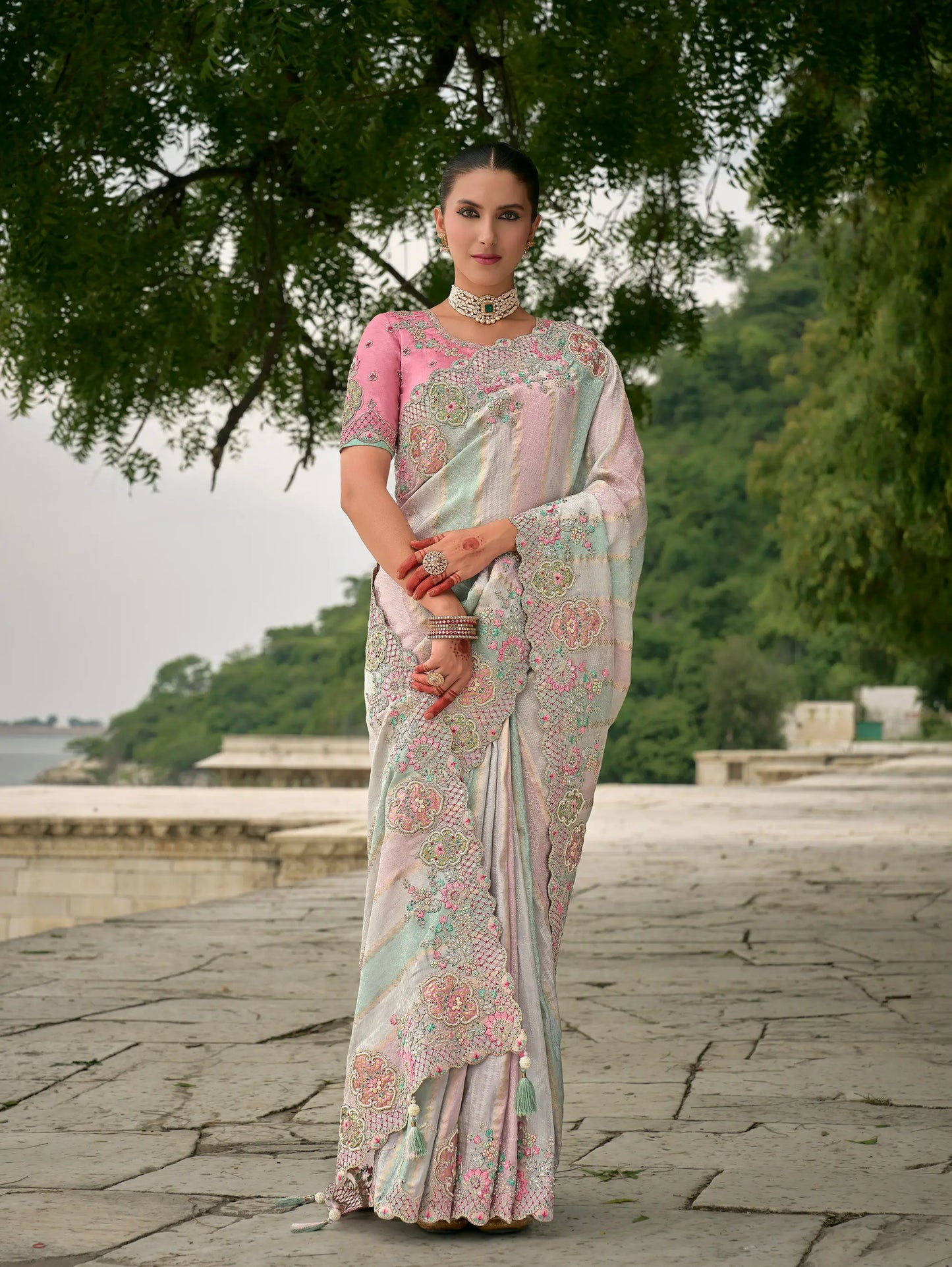 Sky Blue Pink Viscose Jacquard Saree With Embroidery Pearls Khatli Zari Weaving Work