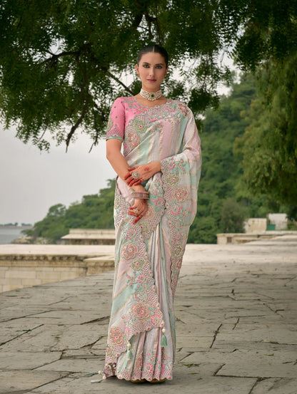Sky Blue Pink Viscose Jacquard Saree With Embroidery Pearls Khatli Zari Weaving Work