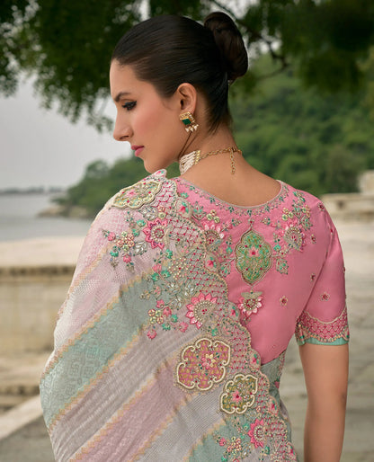 Sky Blue Pink Viscose Jacquard Saree With Embroidery Pearls Khatli Zari Weaving Work