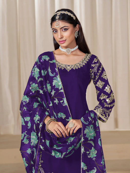 Purple Roman Silk Embroidery Work Salwar Suit