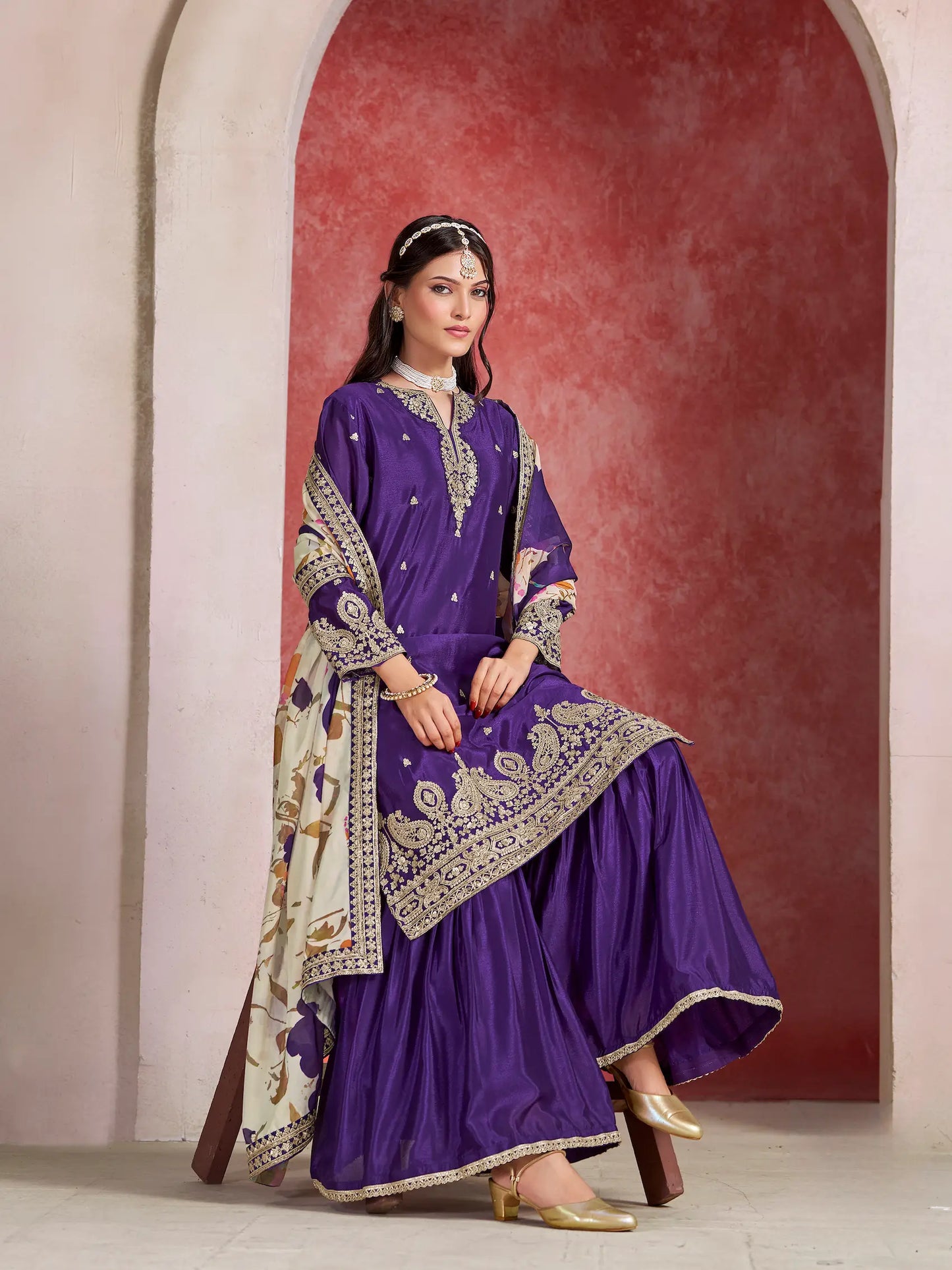 Purple Chinon Embroidery Salwar suit With Organza Dupatta