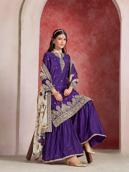 Purple Chinon Embroidery Salwar suit With Organza Dupatta